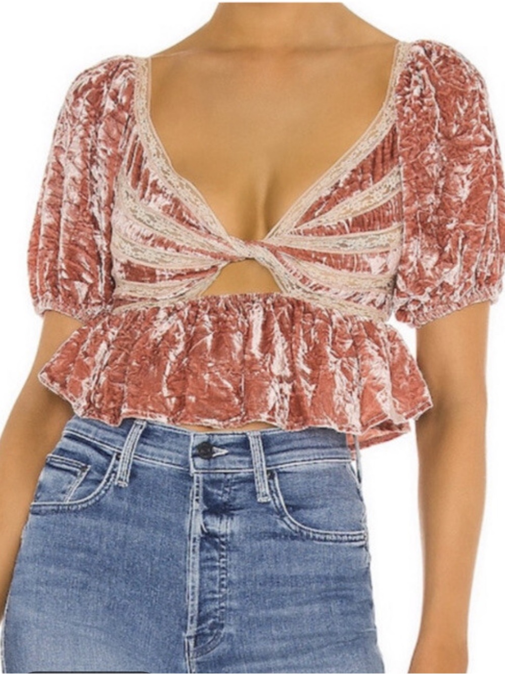 Free People Pink Crushed Velvet Puff Sleeve Peplum Crop Top